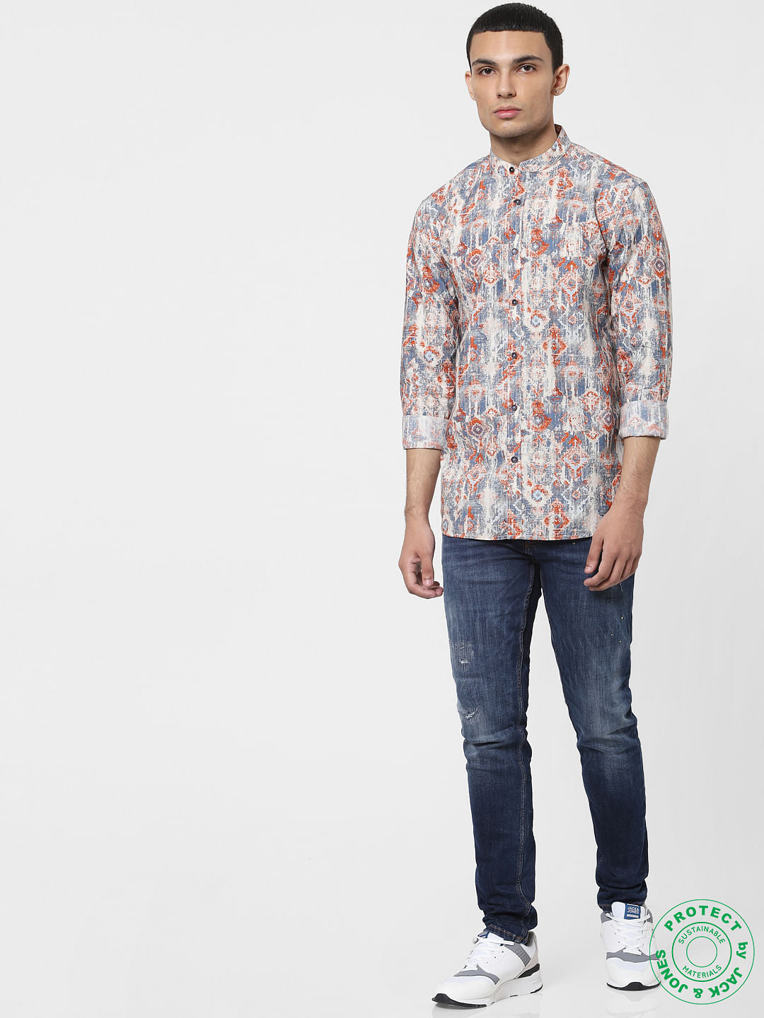 Blue Washed Mandarin Collar Shirt