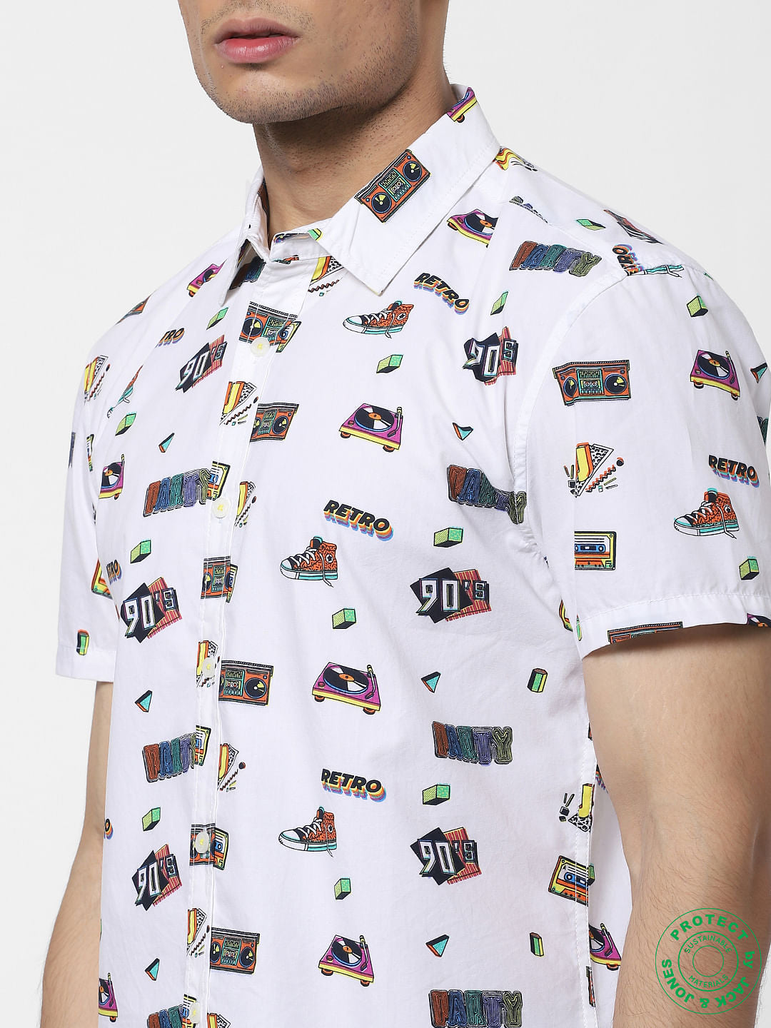 White 90's Graphic Print Half Sleeves Shirt