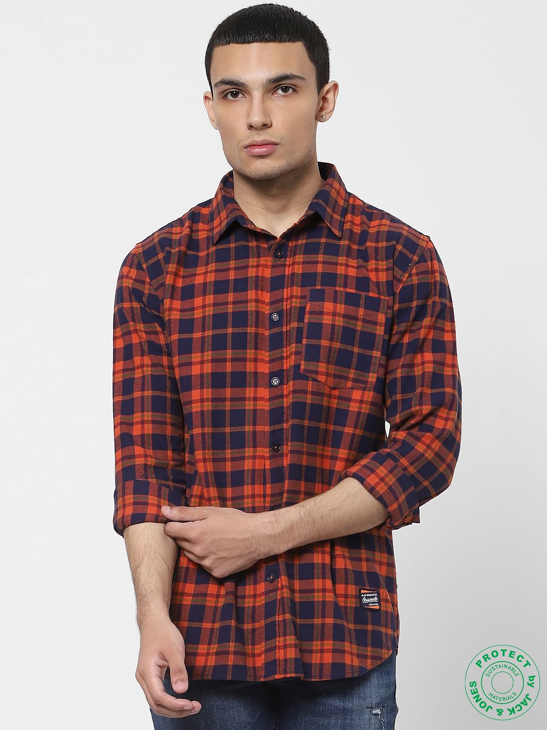 Orange Check Full Sleeves Shirt
