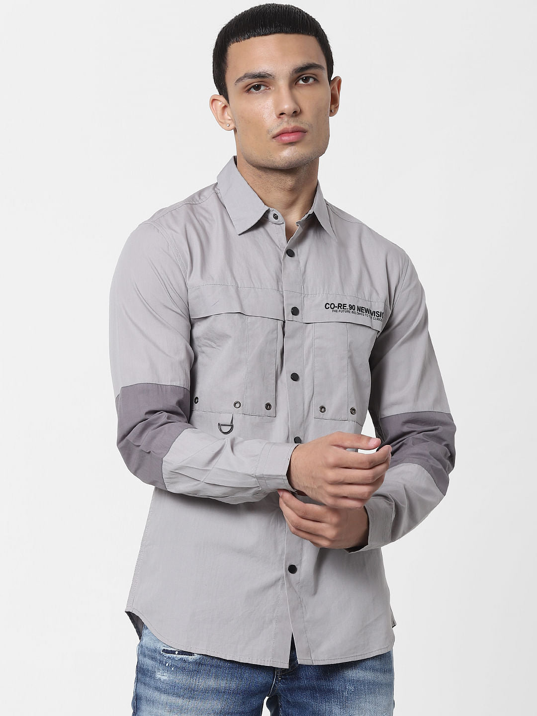 Grey Colourblocked Full Sleeves Shirt