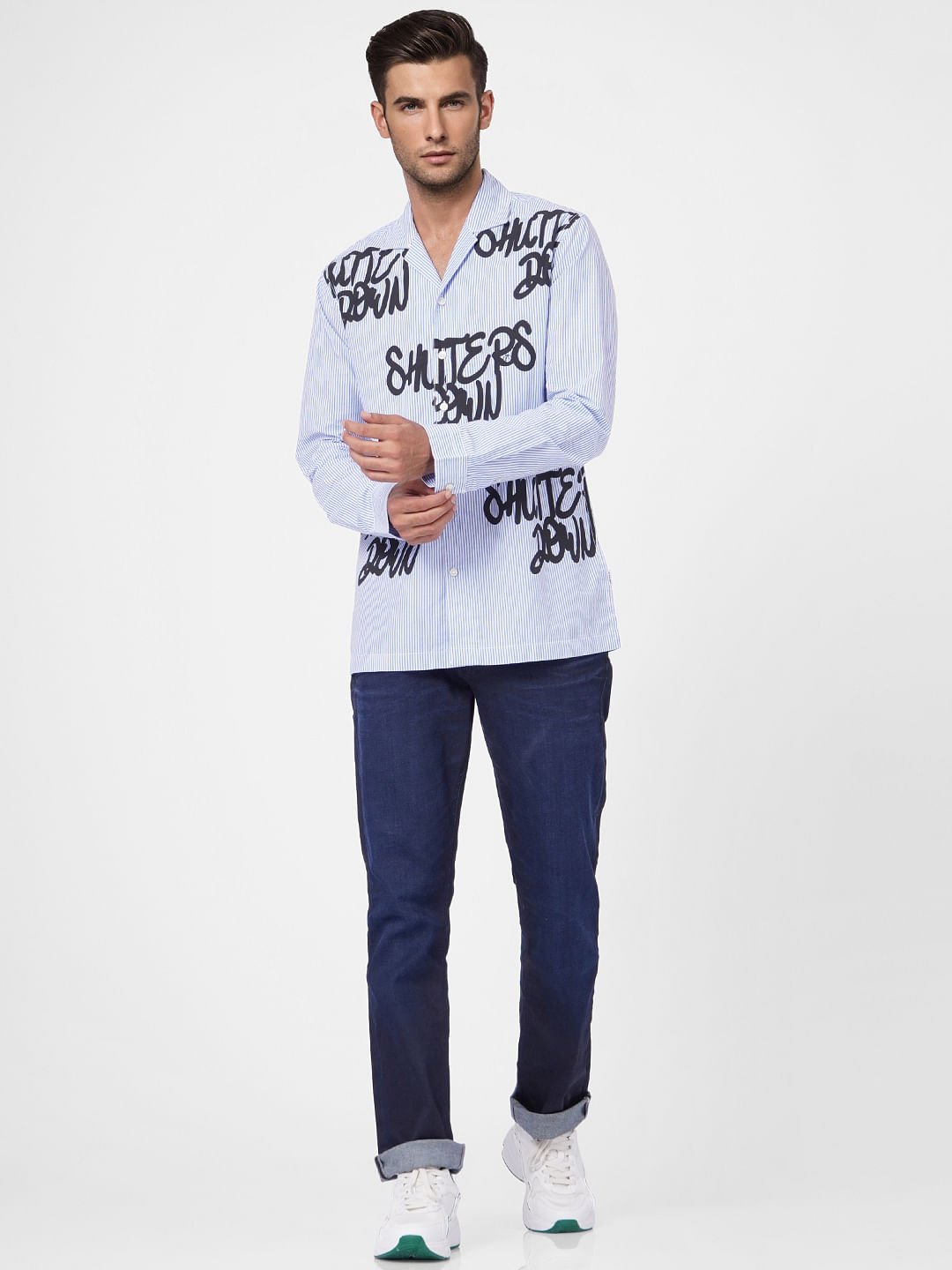 Blue Striped Graphic Print Full Sleeves Shirt