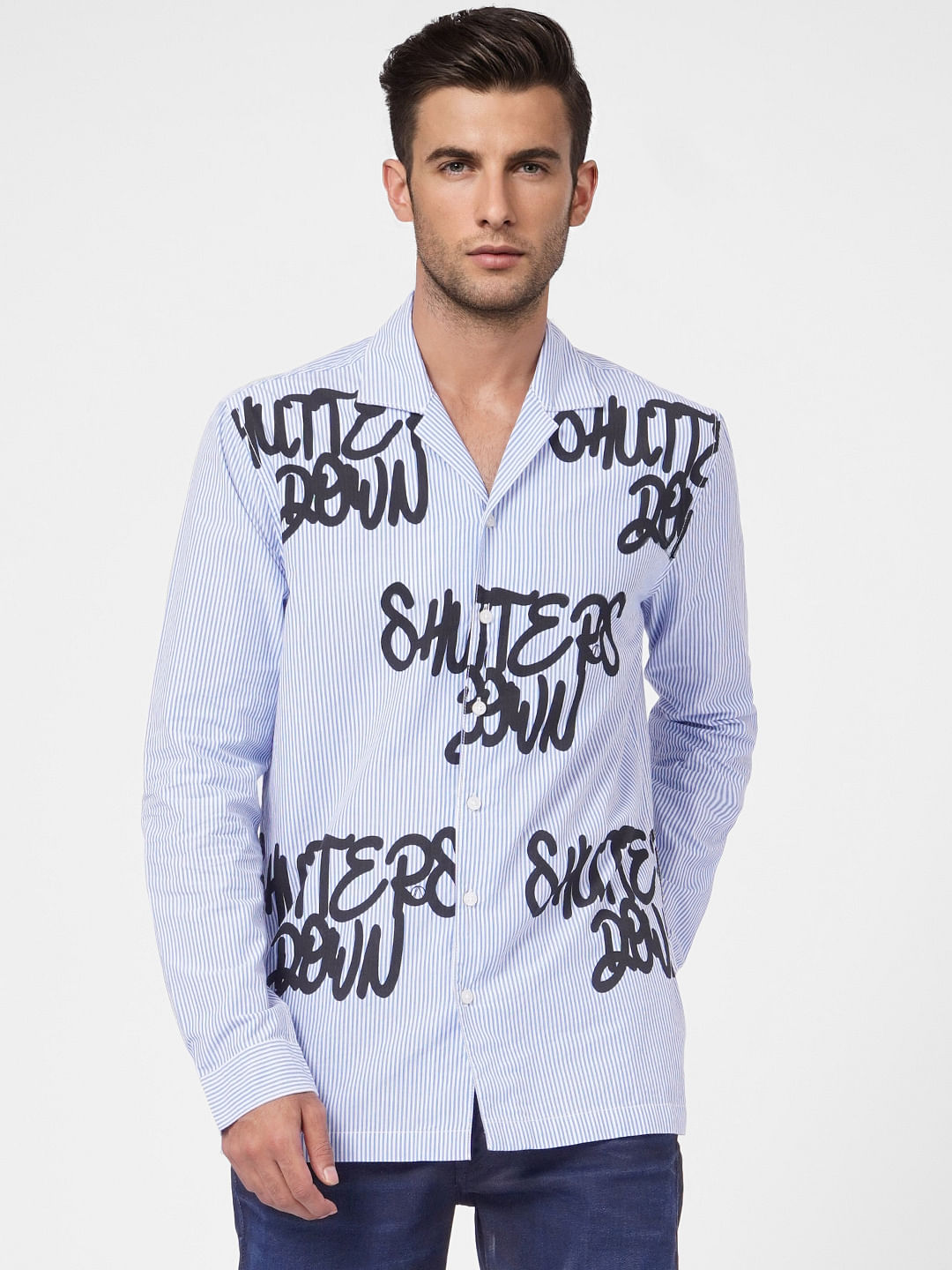 Blue Striped Graphic Print Full Sleeves Shirt