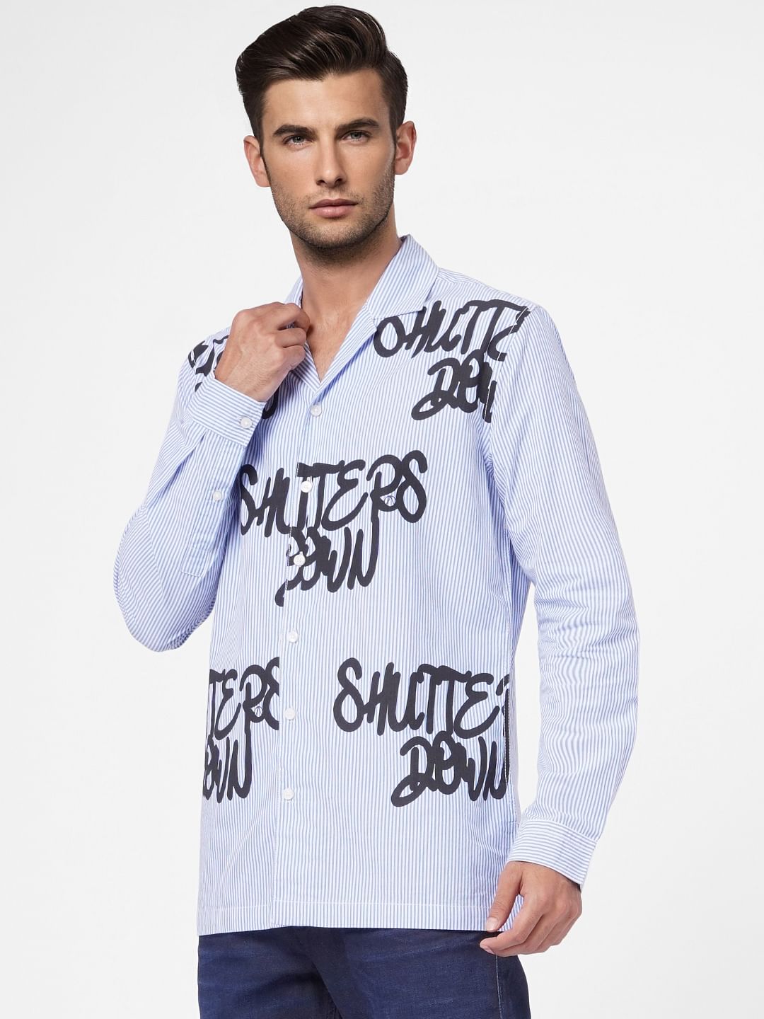 Blue Striped Graphic Print Full Sleeves Shirt