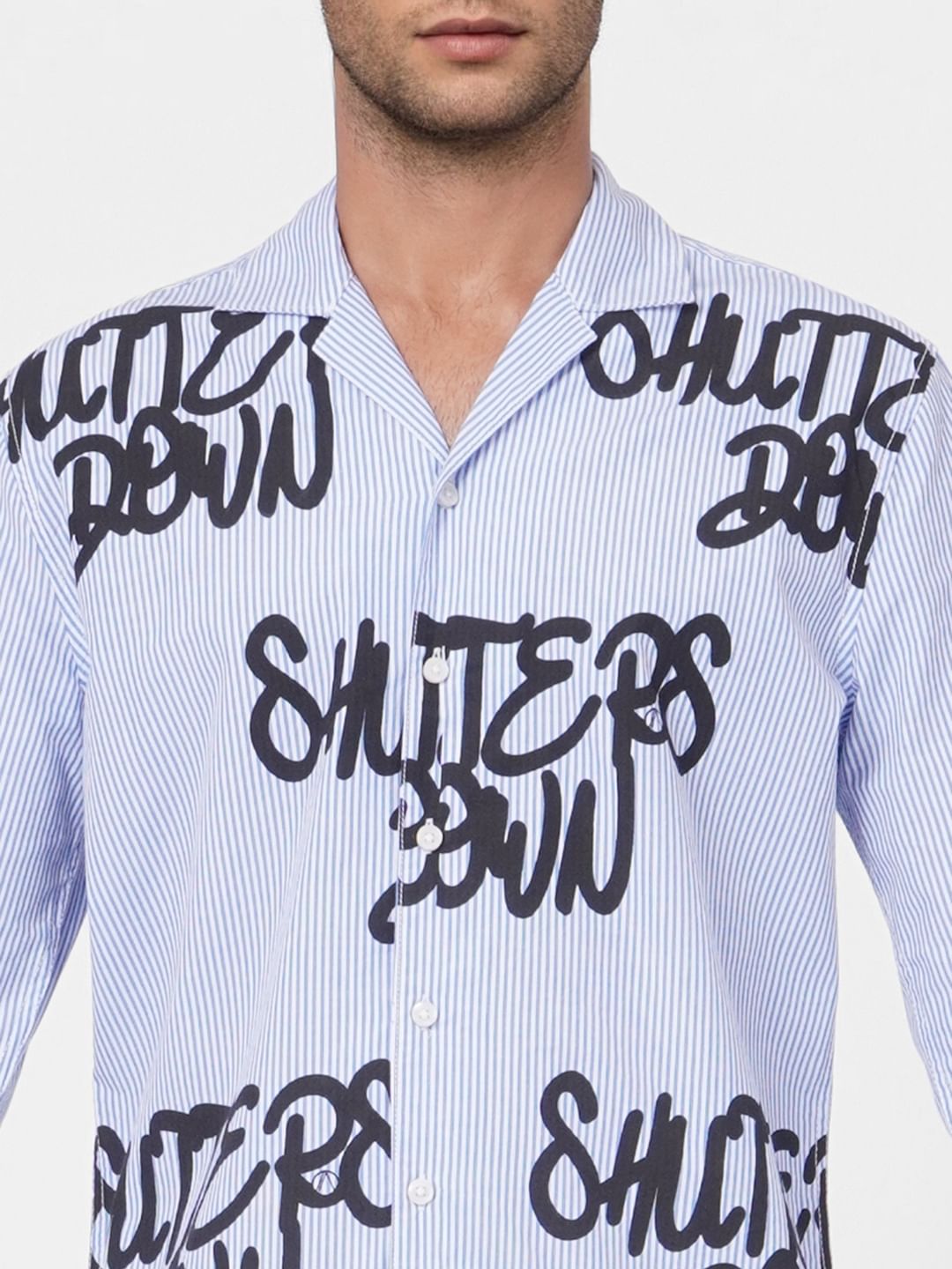 Blue Striped Graphic Print Full Sleeves Shirt