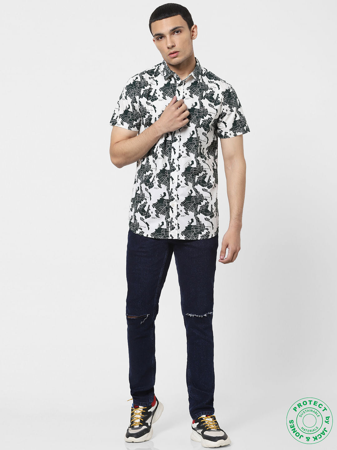 White Printed Half Sleeves Shirt