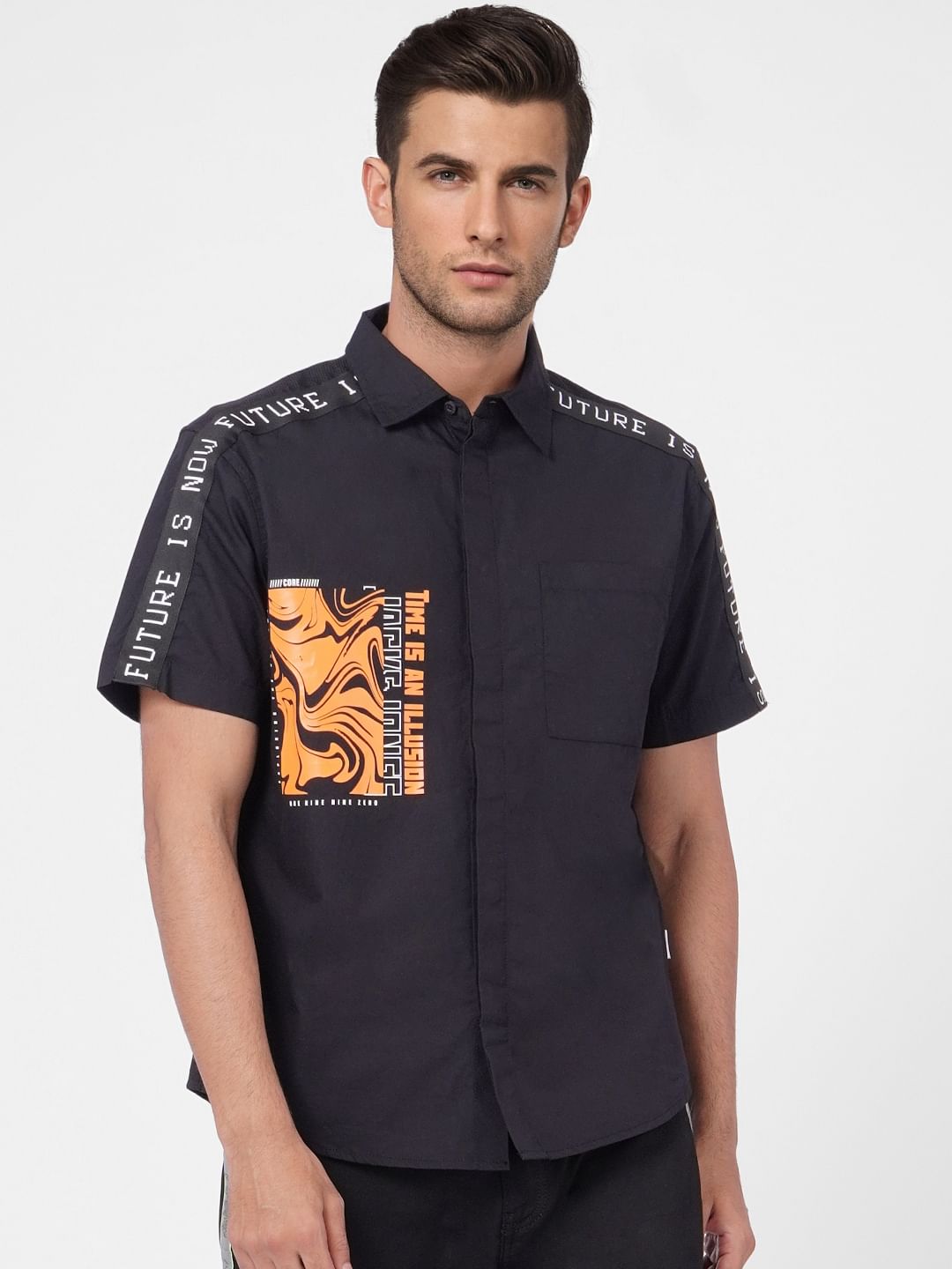 Black Tape Detail Half Sleeves Shirt