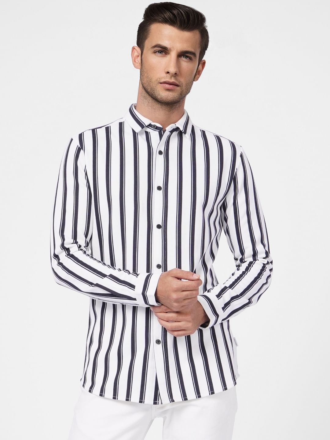 White Bold Striped Full Sleeves Shirt