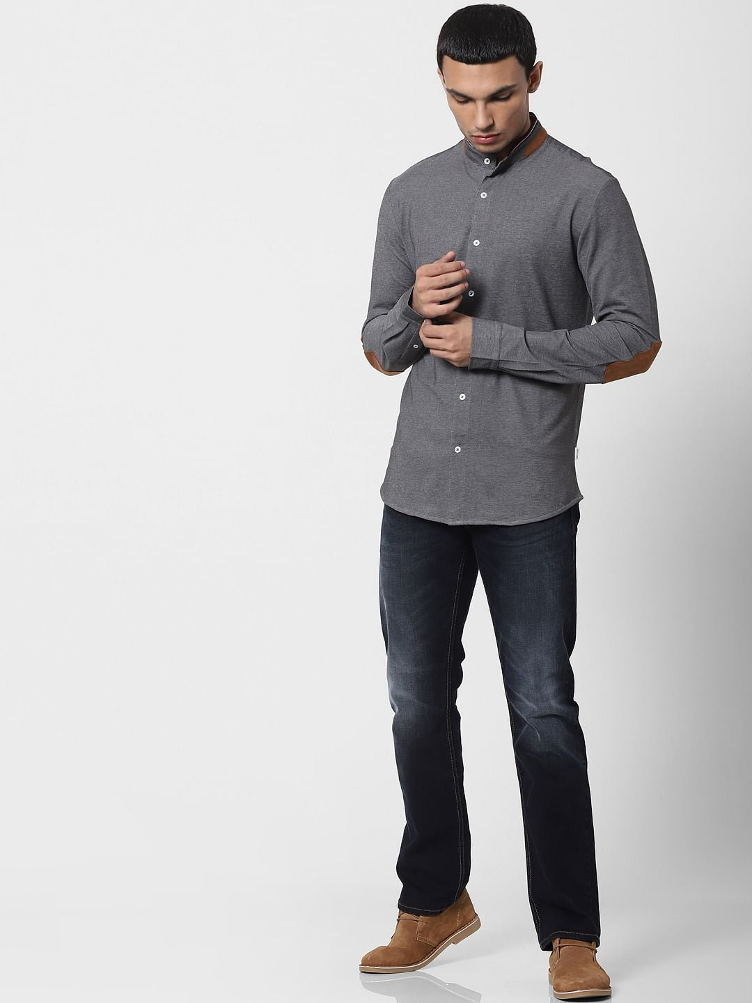 Grey Mandarin Collar Full Sleeves Shirt