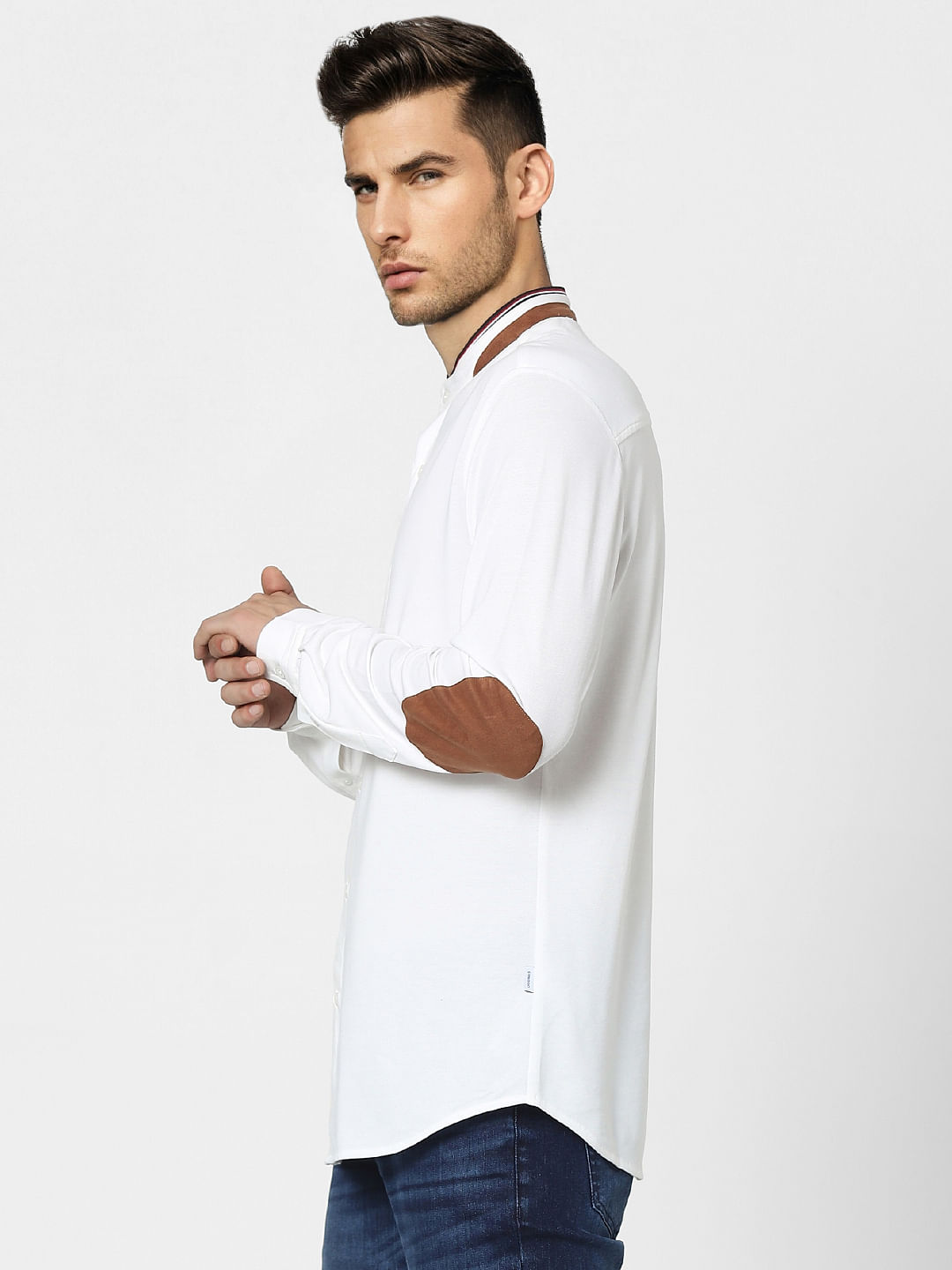 White Knitted Mandarin Collar Shirt