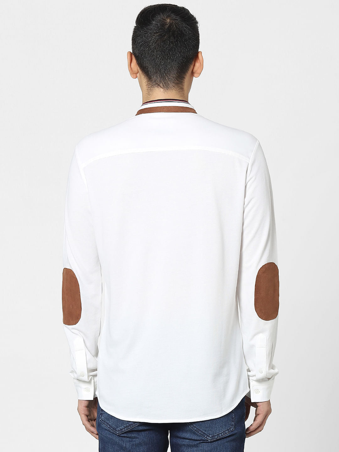 White Knitted Mandarin Collar Shirt