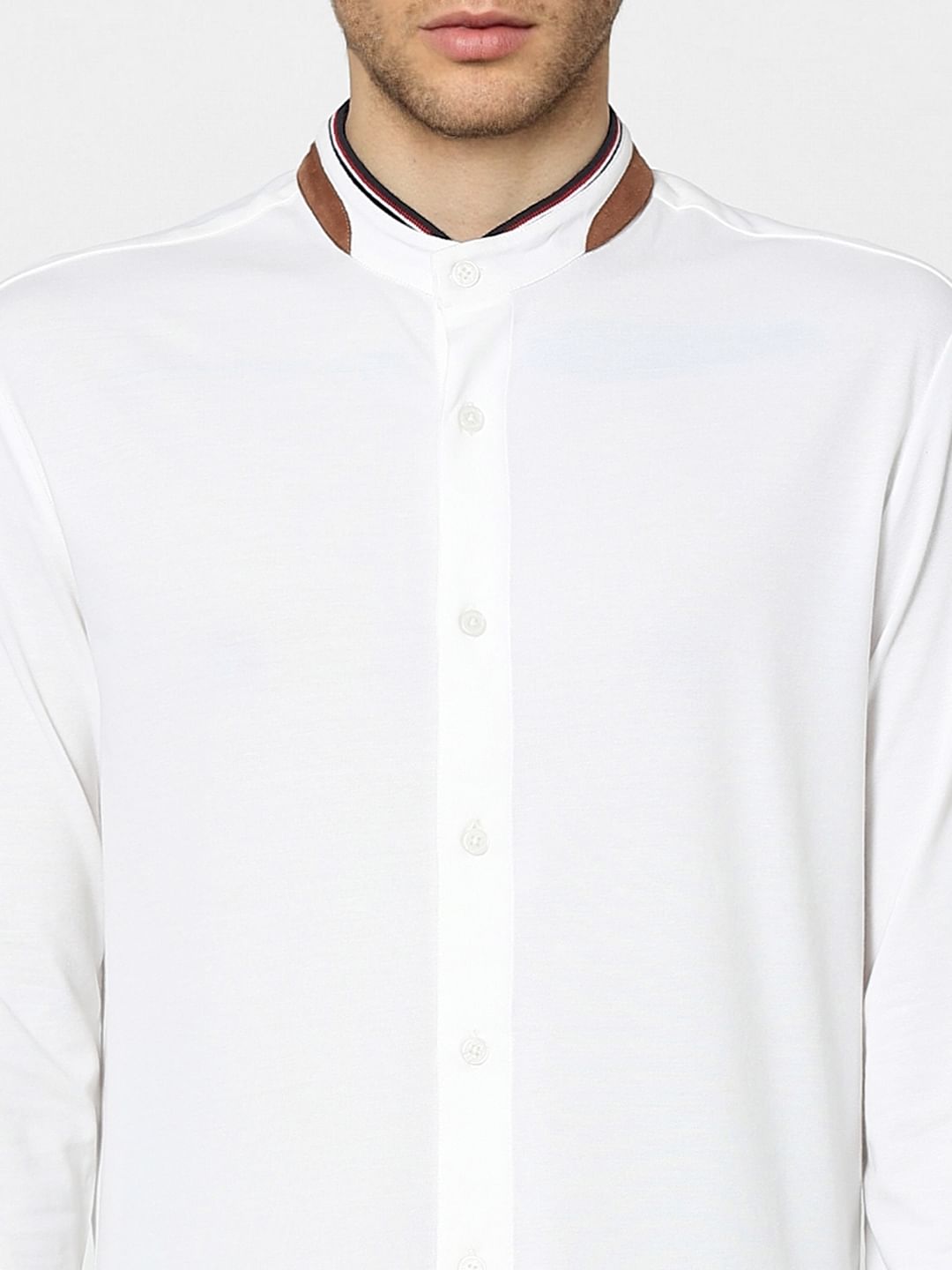 White Knitted Mandarin Collar Shirt