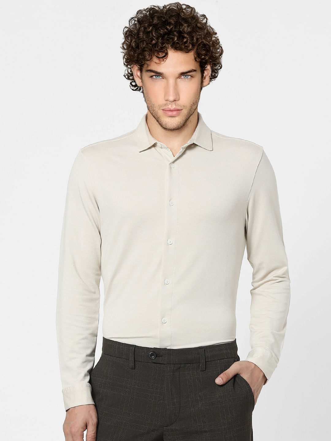 Beige Knit Full Sleeves Shirt