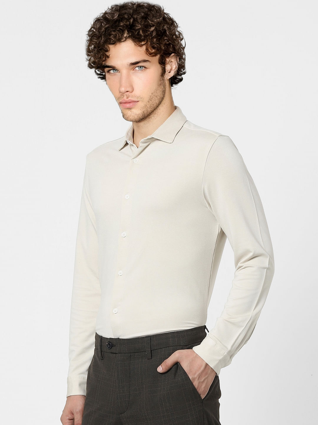 Beige Knit Full Sleeves Shirt