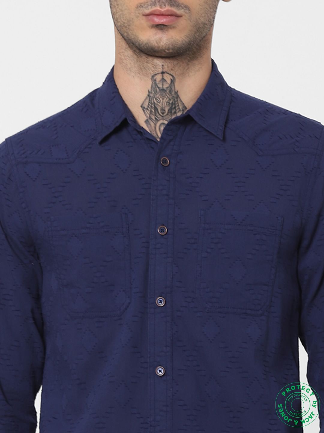 Blue Self Design Full Sleeves Shirt