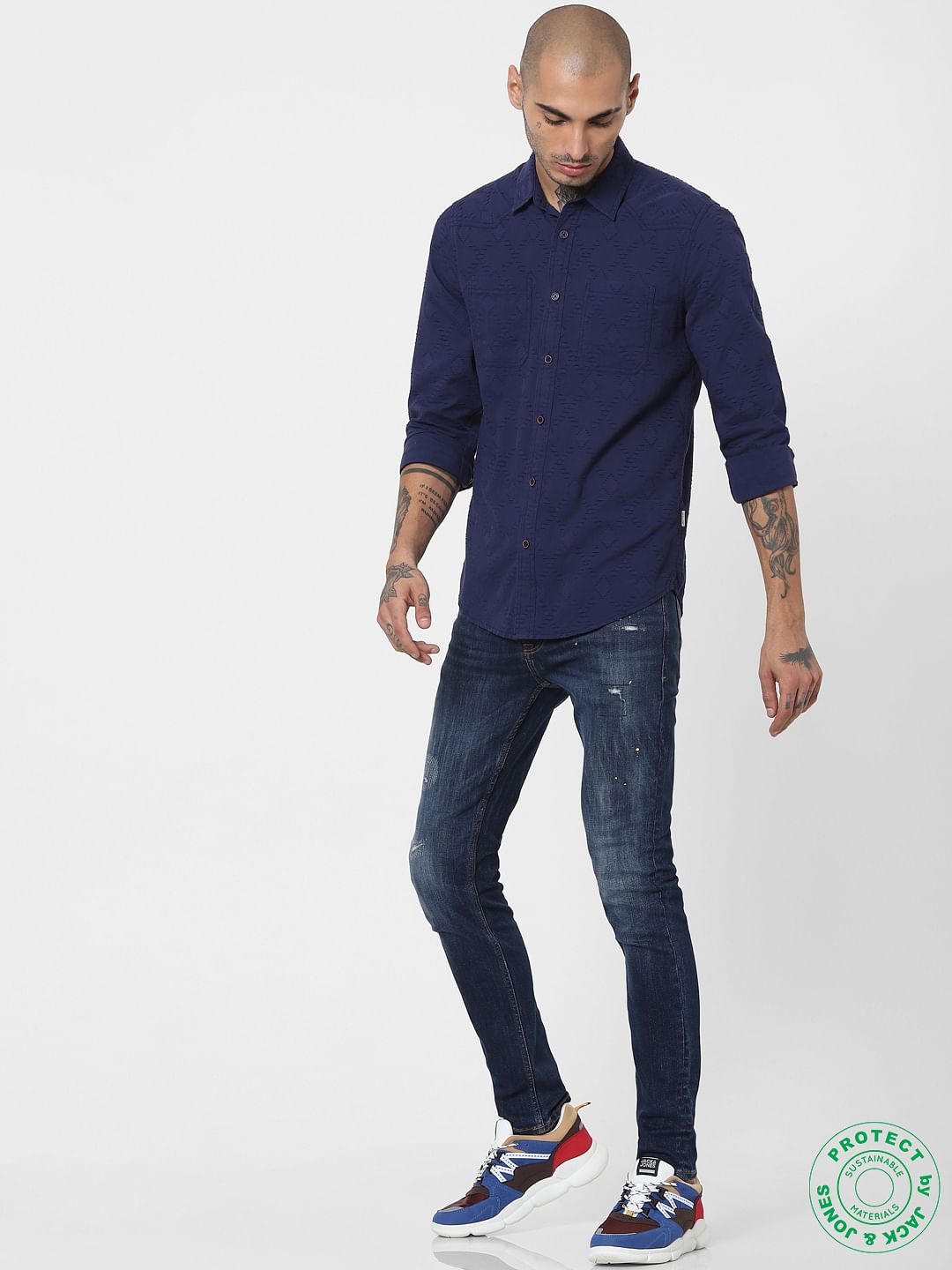 Blue Self Design Full Sleeves Shirt