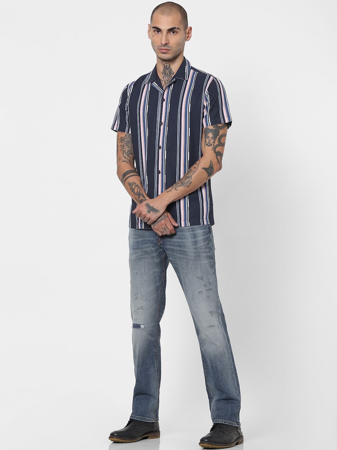 Blue Striped Half Sleeves Shirt