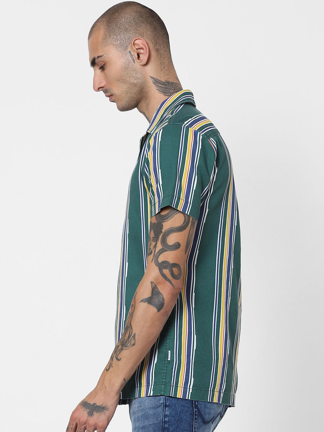 Green Striped Half Sleeves Shirt