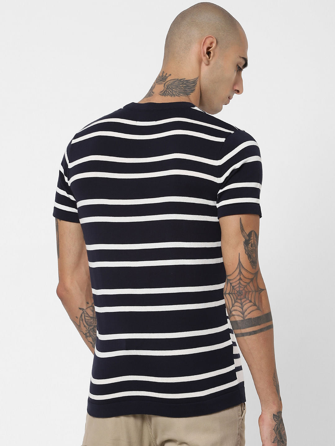 Blue Asymmetrical Striped Crew Neck T-shirt