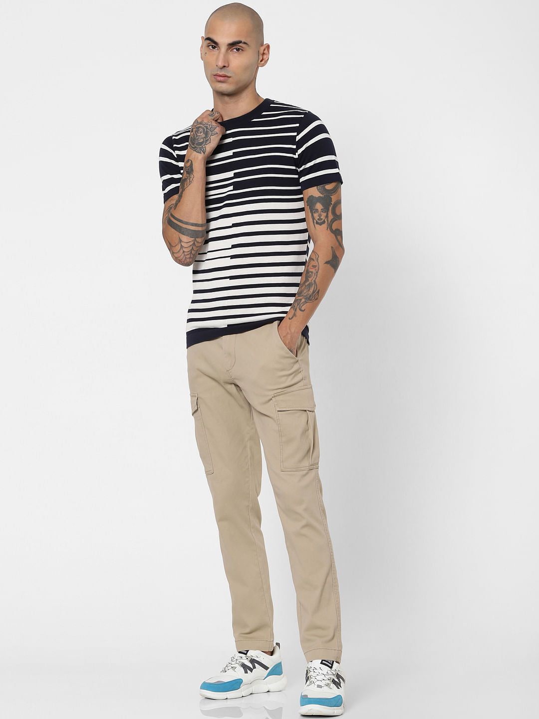 Blue Asymmetrical Striped Crew Neck T-shirt