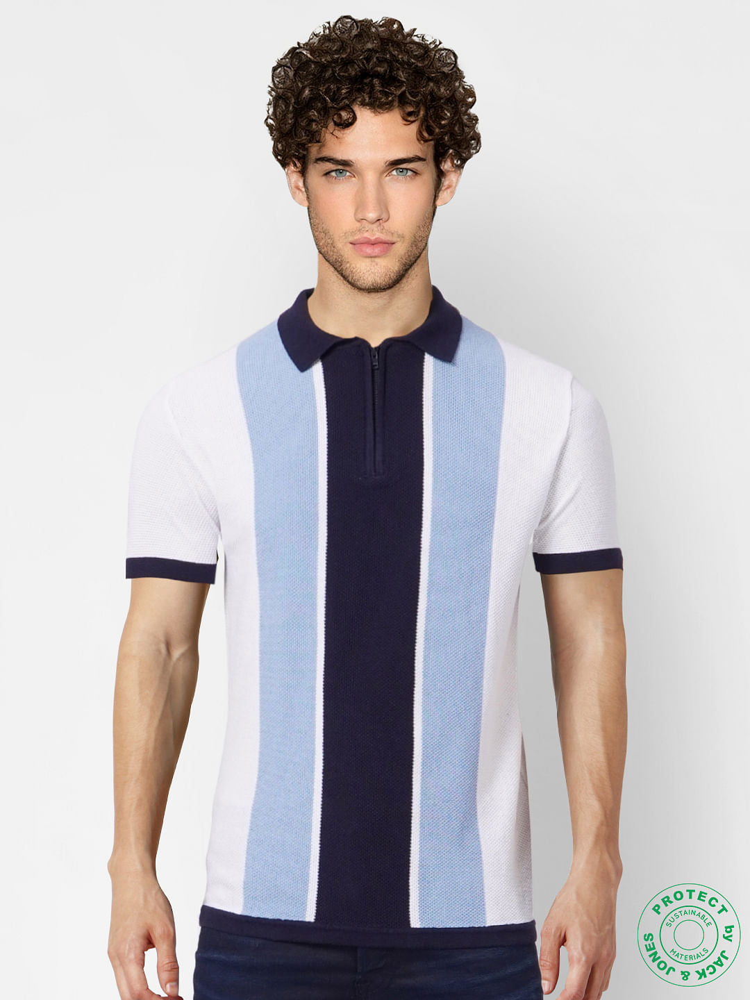 Blue Striped Polo Neck T-shirt