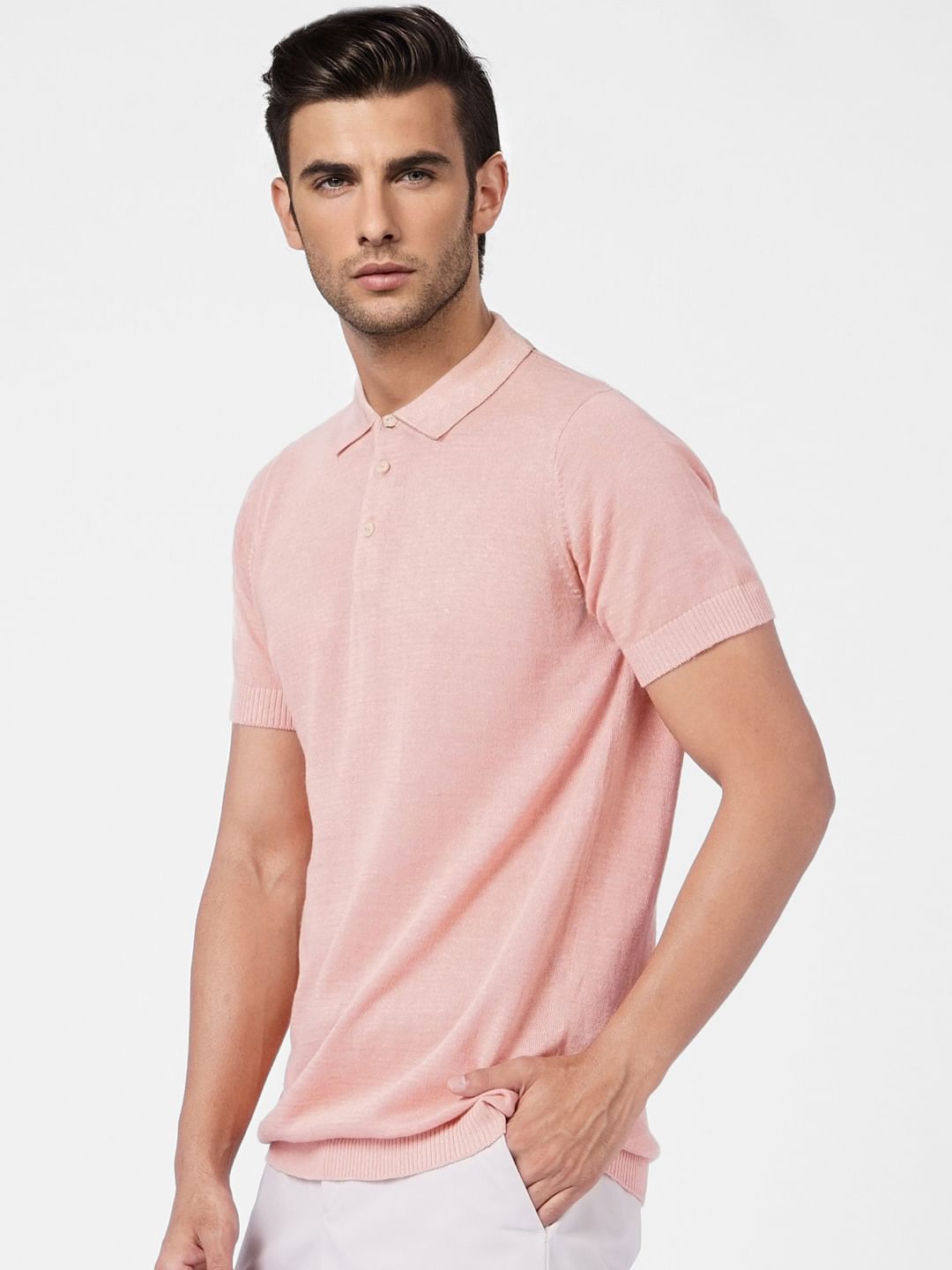 Pink Linen Knitted Polo T-shirt