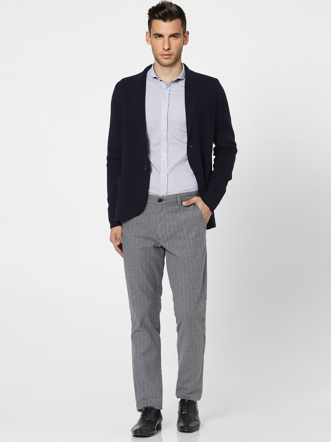 Blue Knit Shawl Collar Blazer