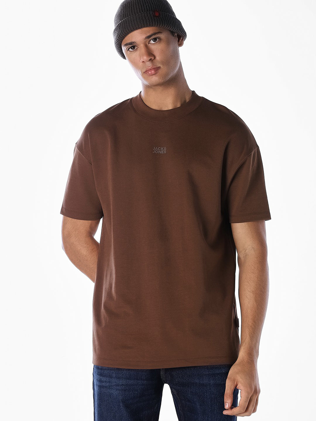 Logo Text Oversized Knit T-shirt - Dark Brown