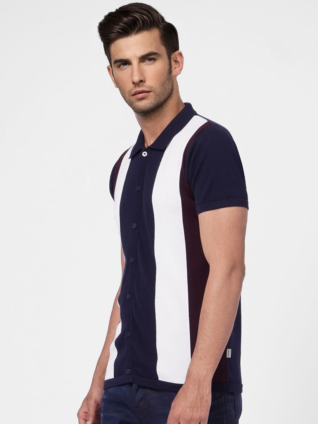 Blue Striped Knit Polo T-shirt