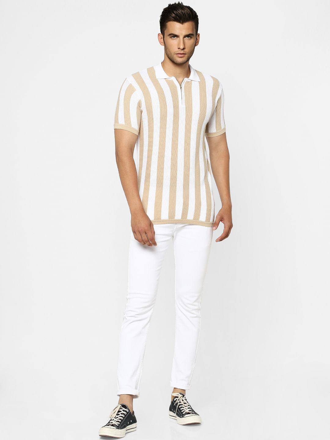 Beige Striped Knit Polo T-shirt