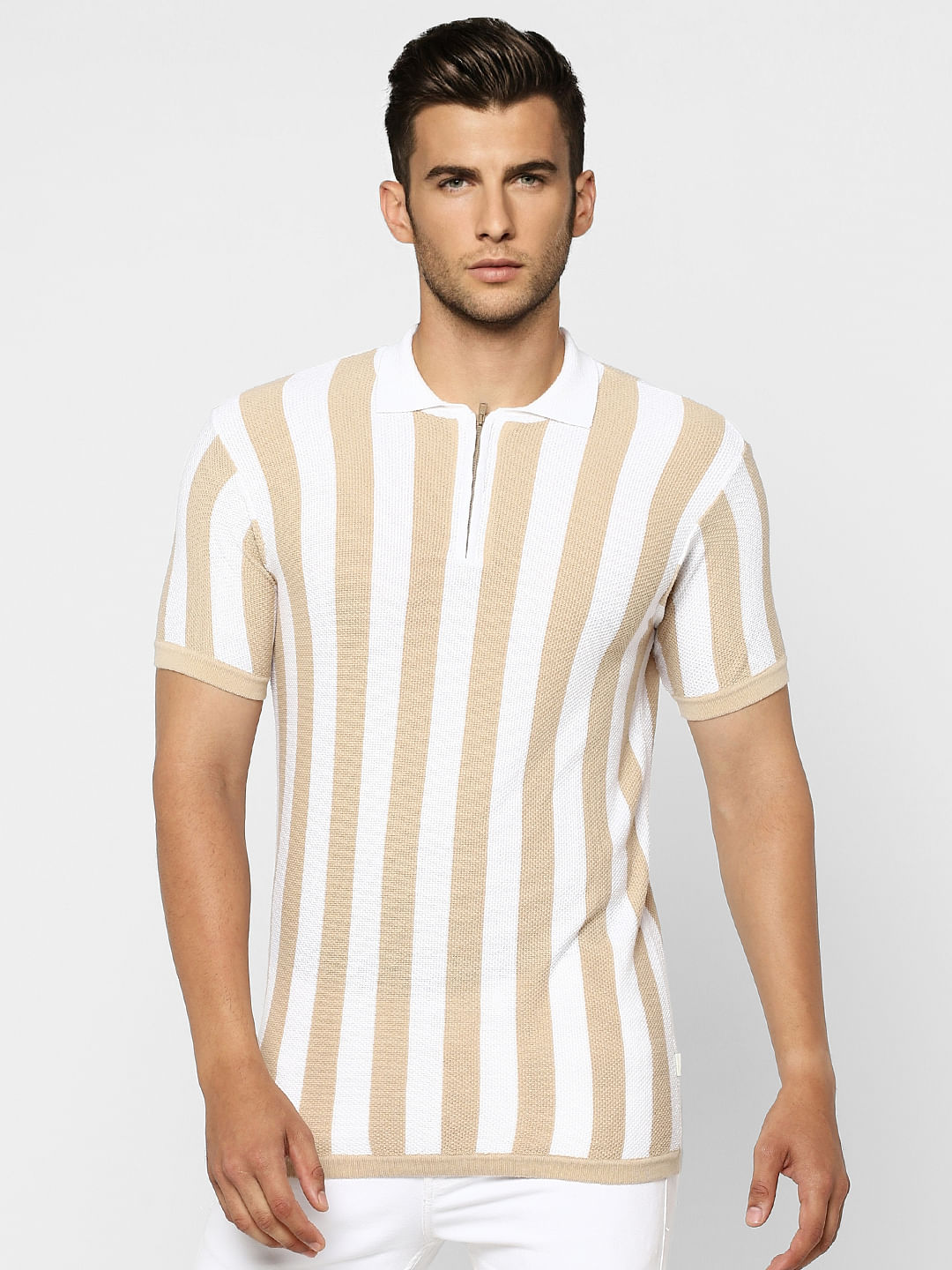 Beige Striped Knit Polo T-shirt