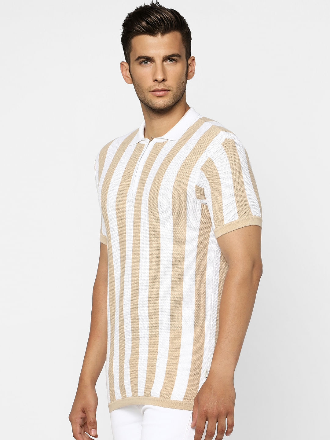 Beige Striped Knit Polo T-shirt