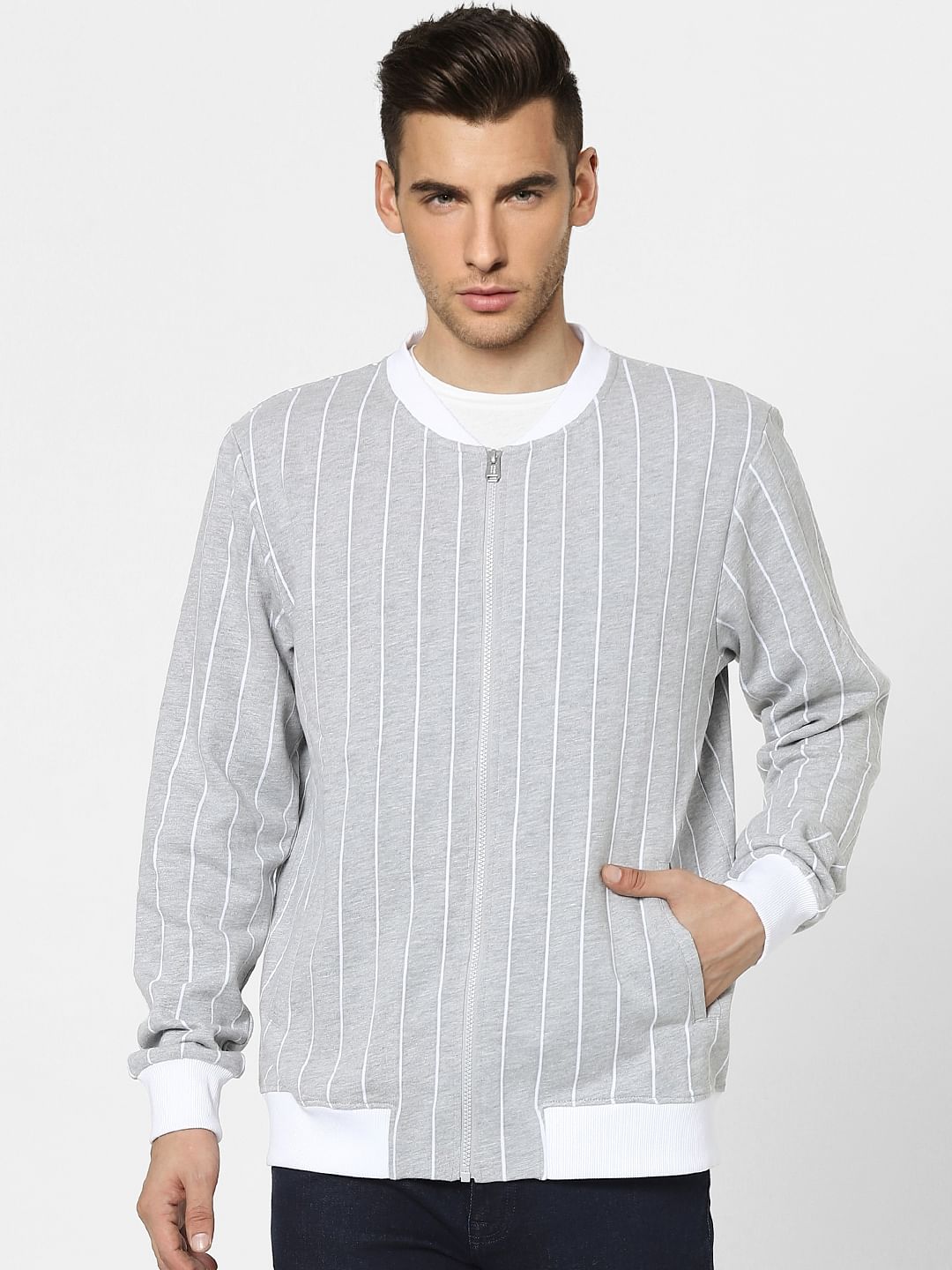 Grey Striped Varsity Sweatshirt