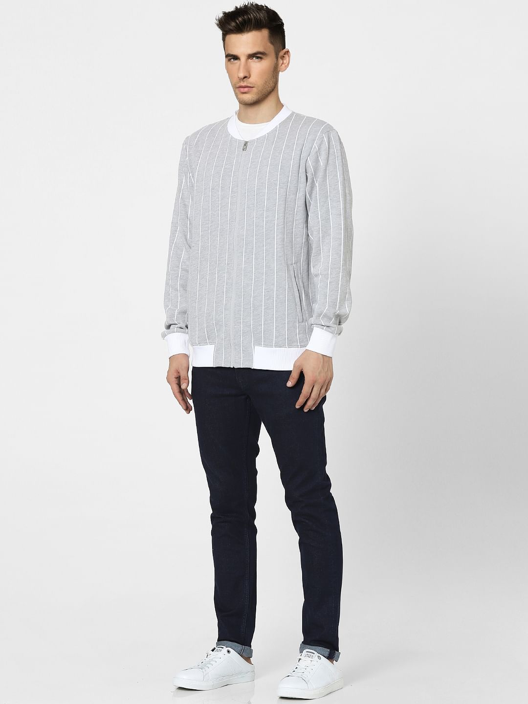 Grey Striped Varsity Sweatshirt