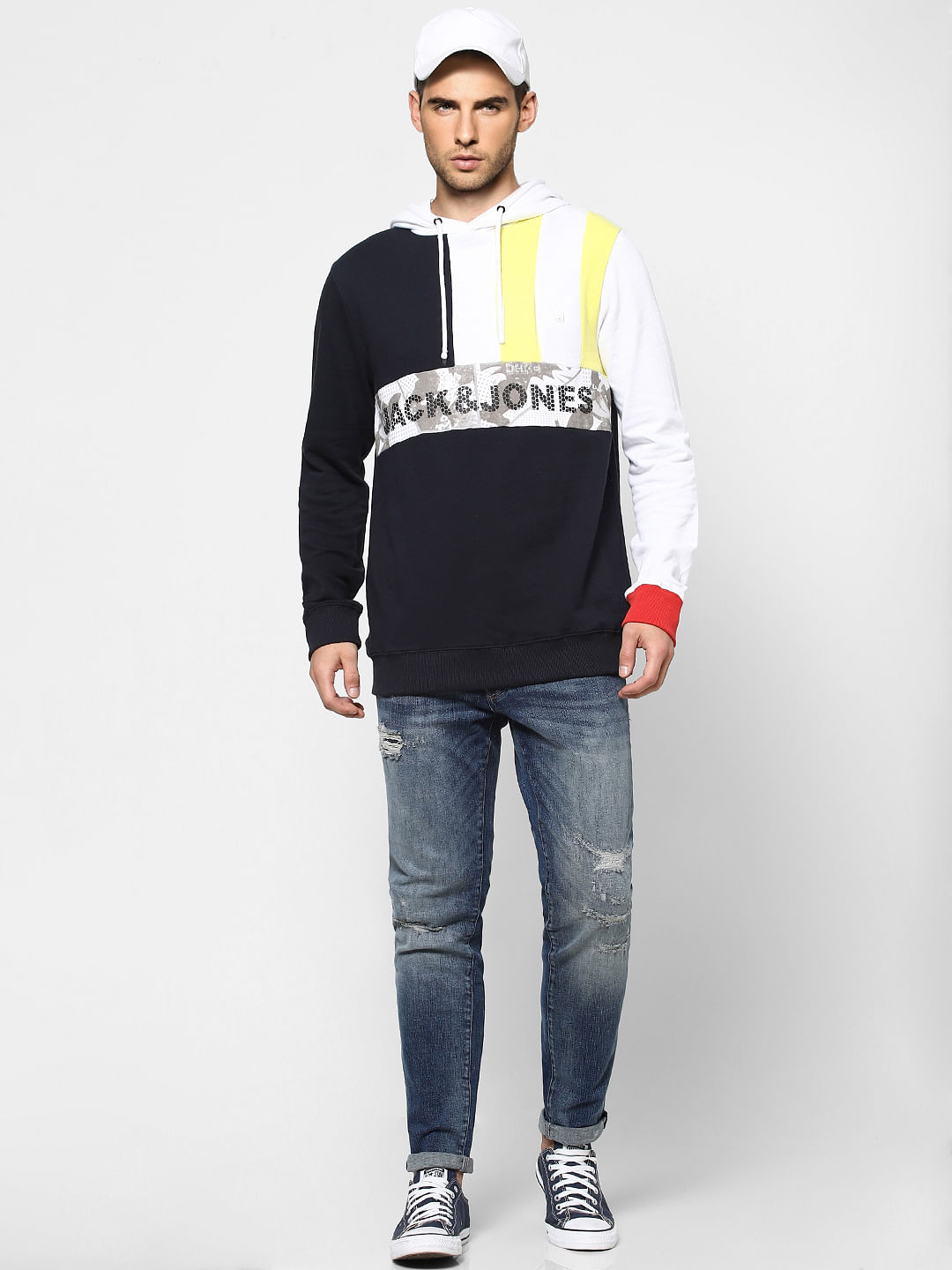 Blue Colourblocked Hooded Sweatshirt