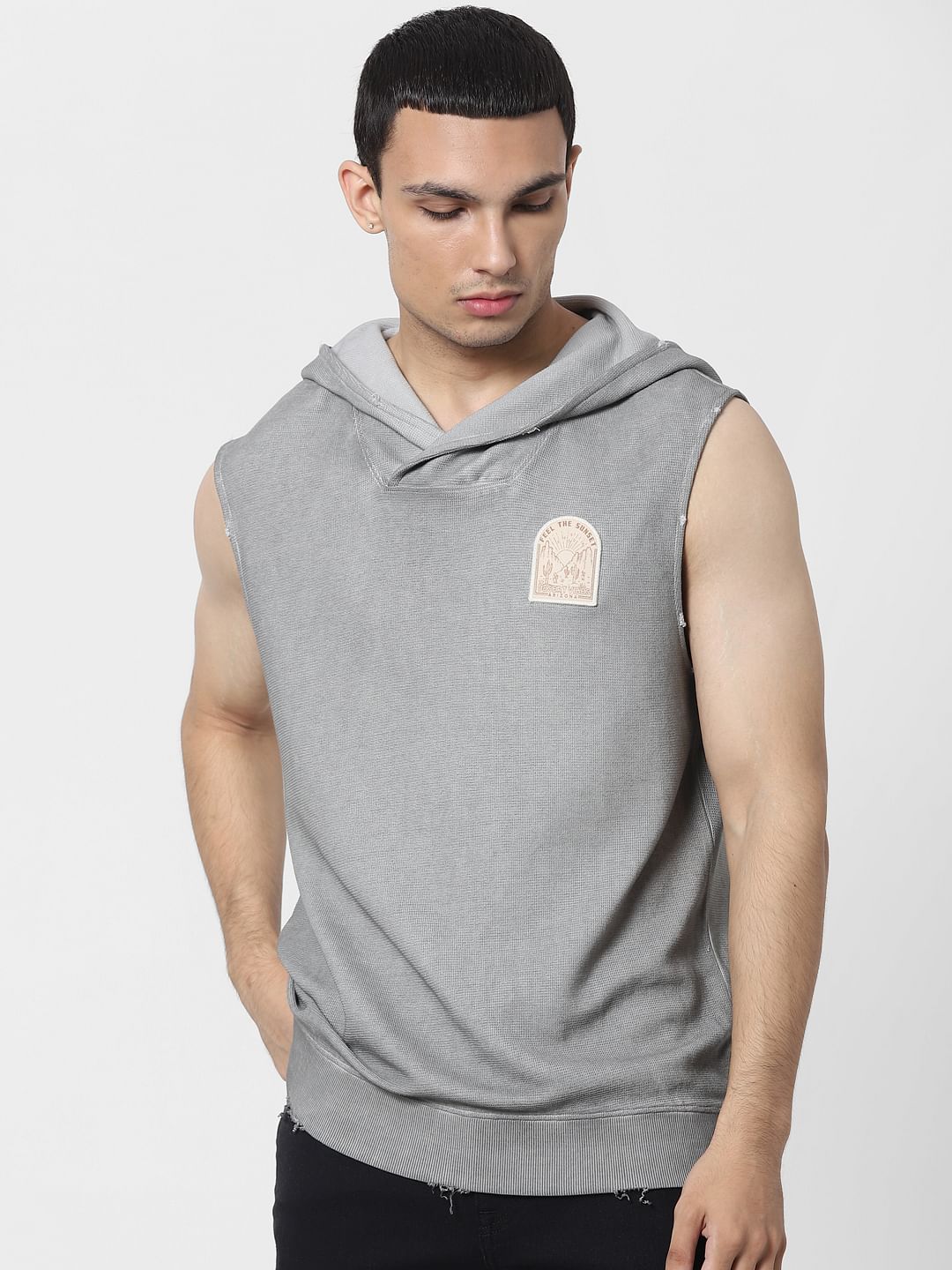 Grey Sleeveless Hooded Sweatshirt
