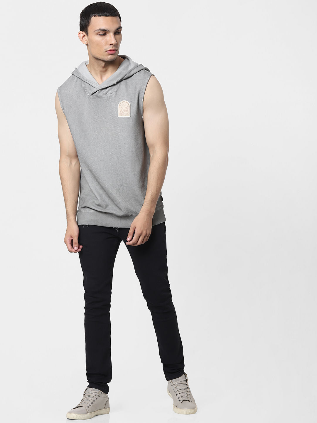 Grey Sleeveless Hooded Sweatshirt