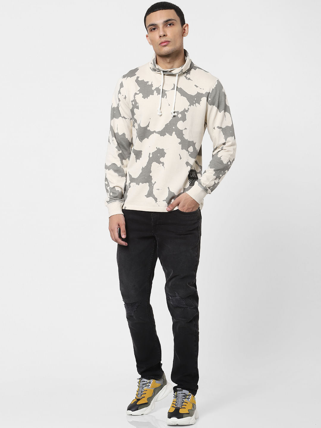 Beige Abstract Print Hooded Sweatshirt
