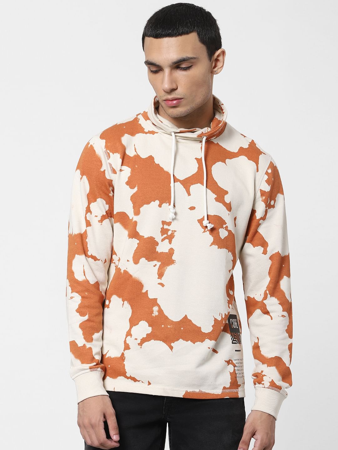 Orange Abstract Print Hooded Sweatshirt