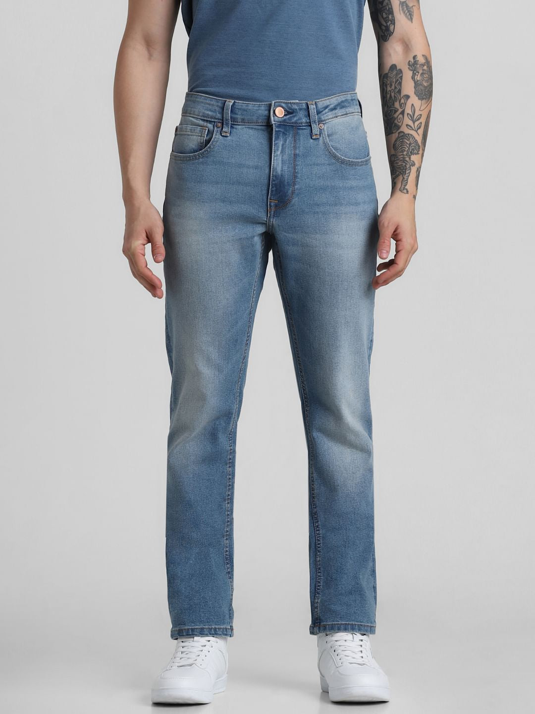 Blue Mid Rise Washed Clark Regular Fit Jeans