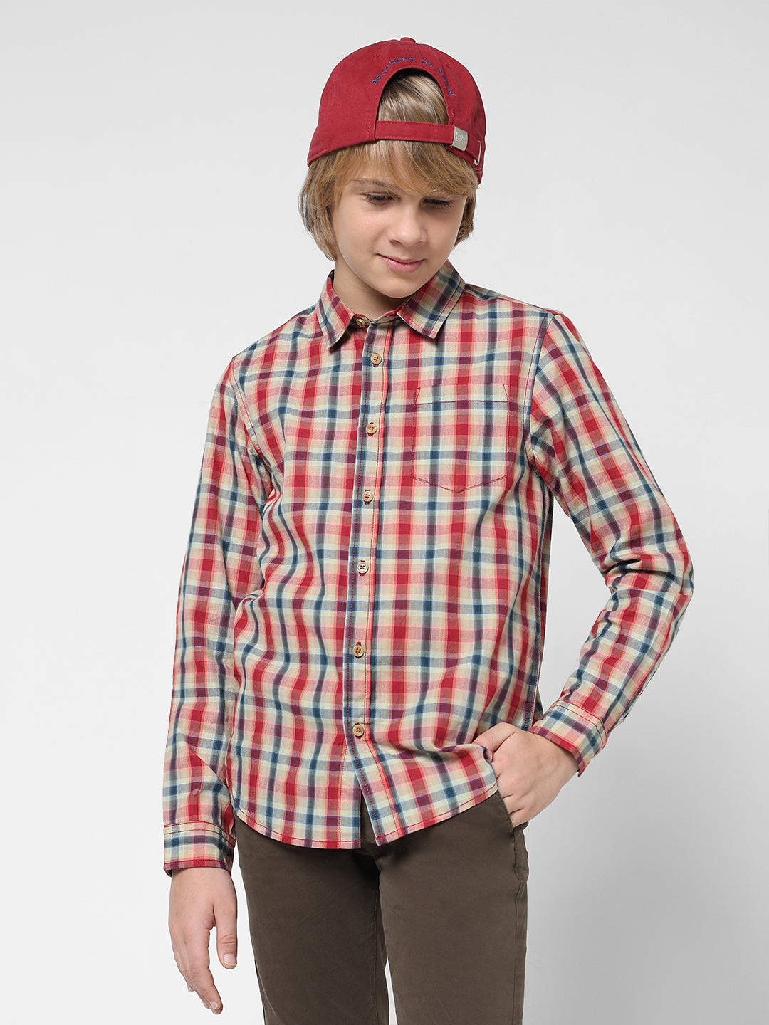 Boys Beige Check Cotton Shirt