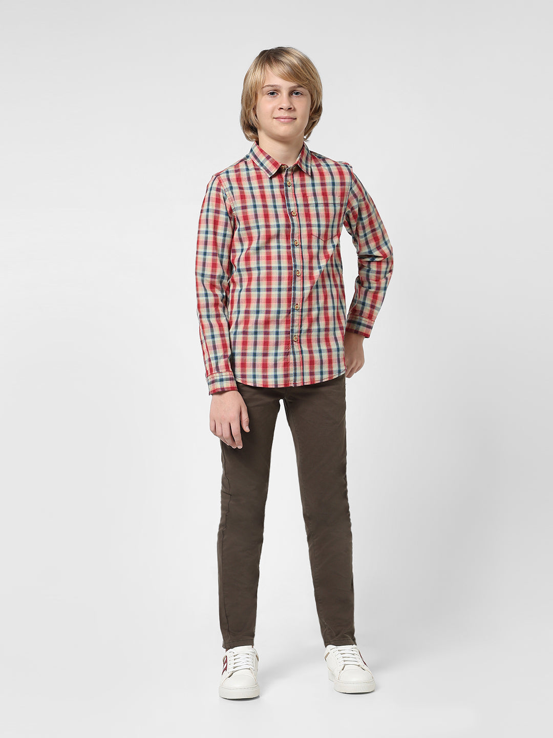 Boys Beige Check Cotton Shirt