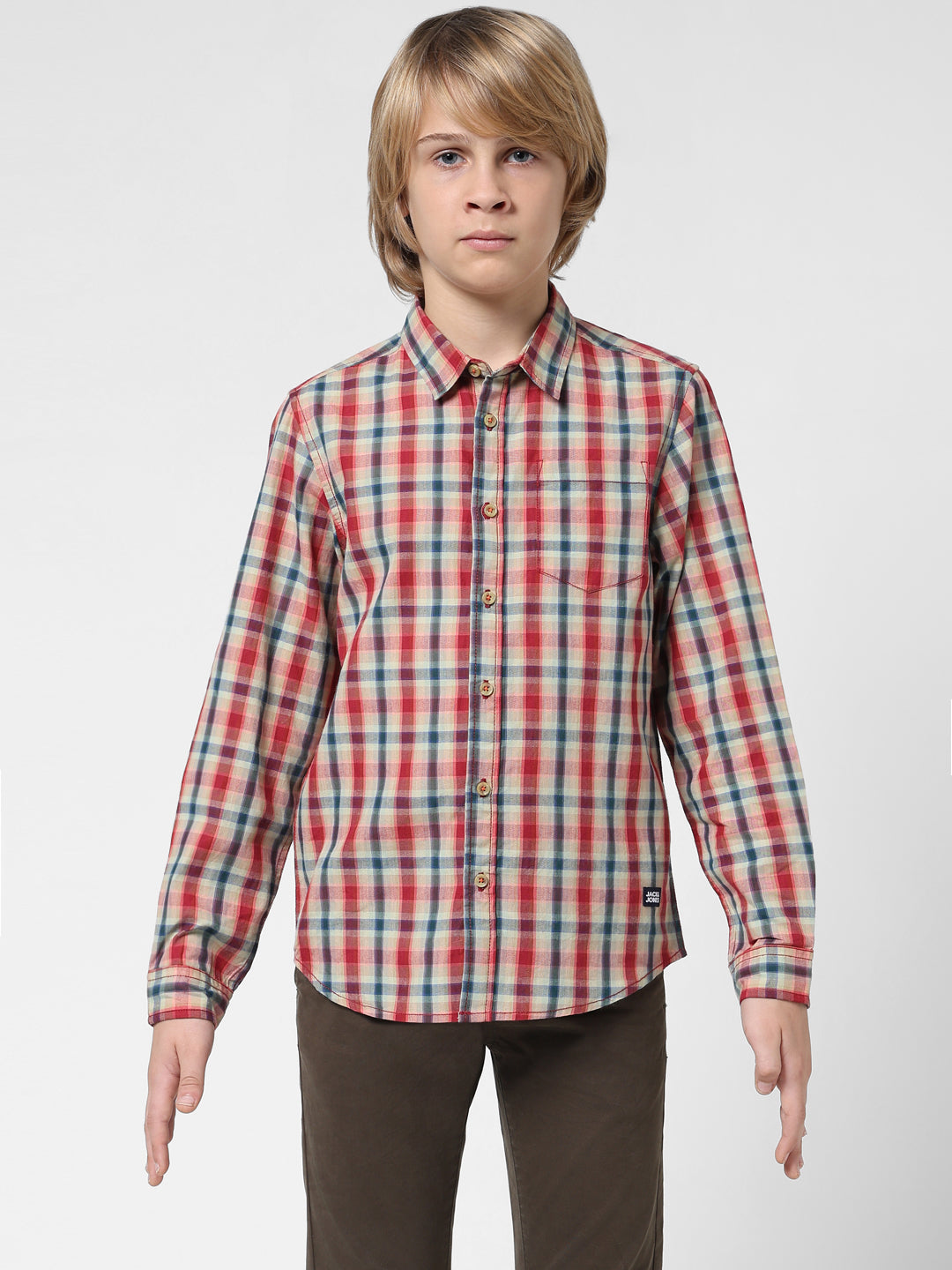Boys Beige Check Cotton Shirt
