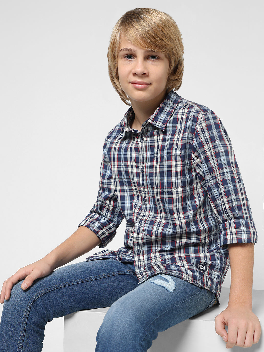 Boys Navy Check Cotton Shirt