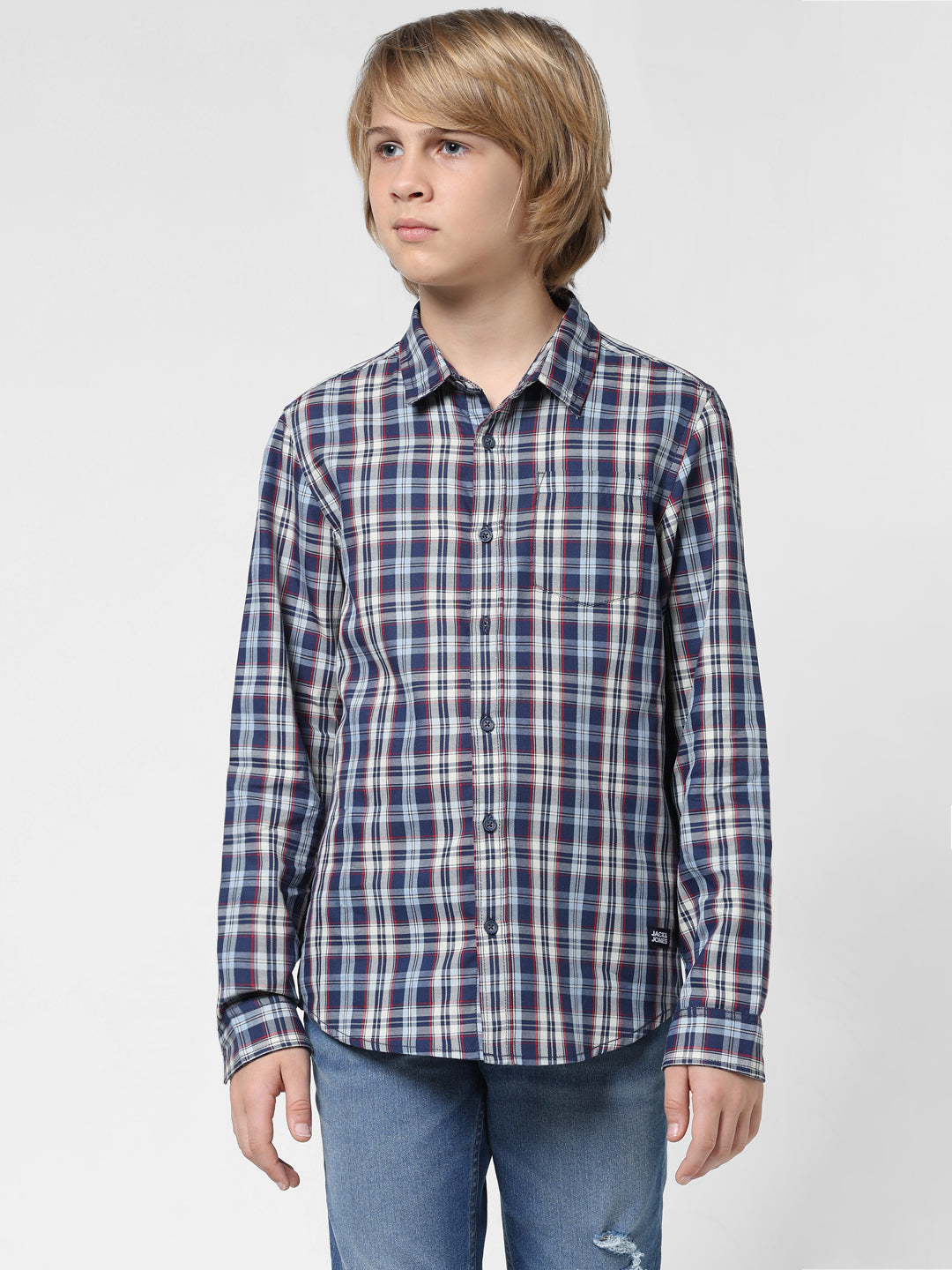 Boys Navy Check Cotton Shirt