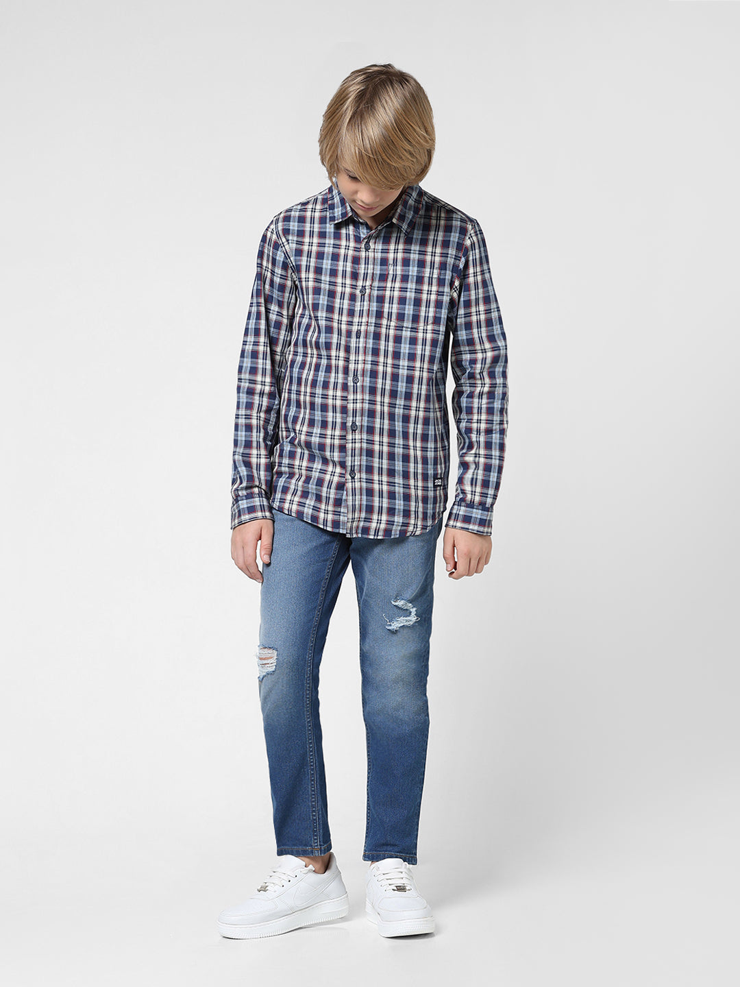 Boys Navy Check Cotton Shirt