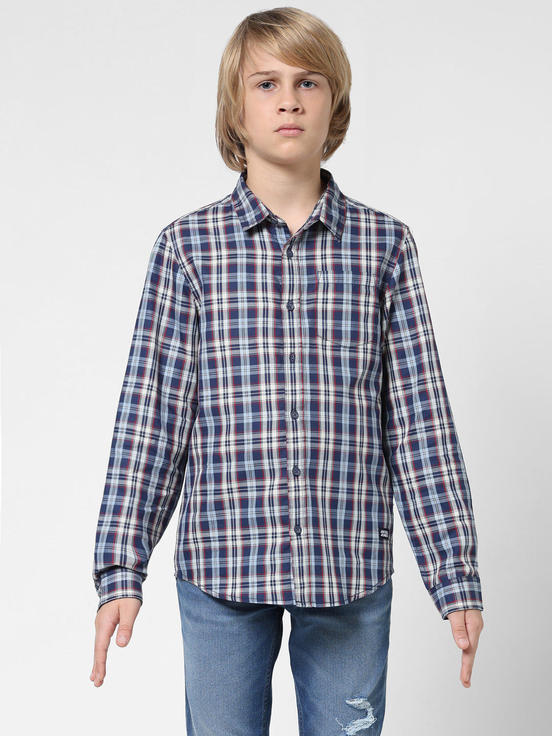 Boys Navy Check Cotton Shirt