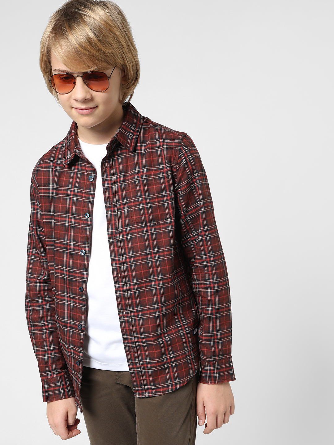 Boys Dark Red Check Cotton Shirt
