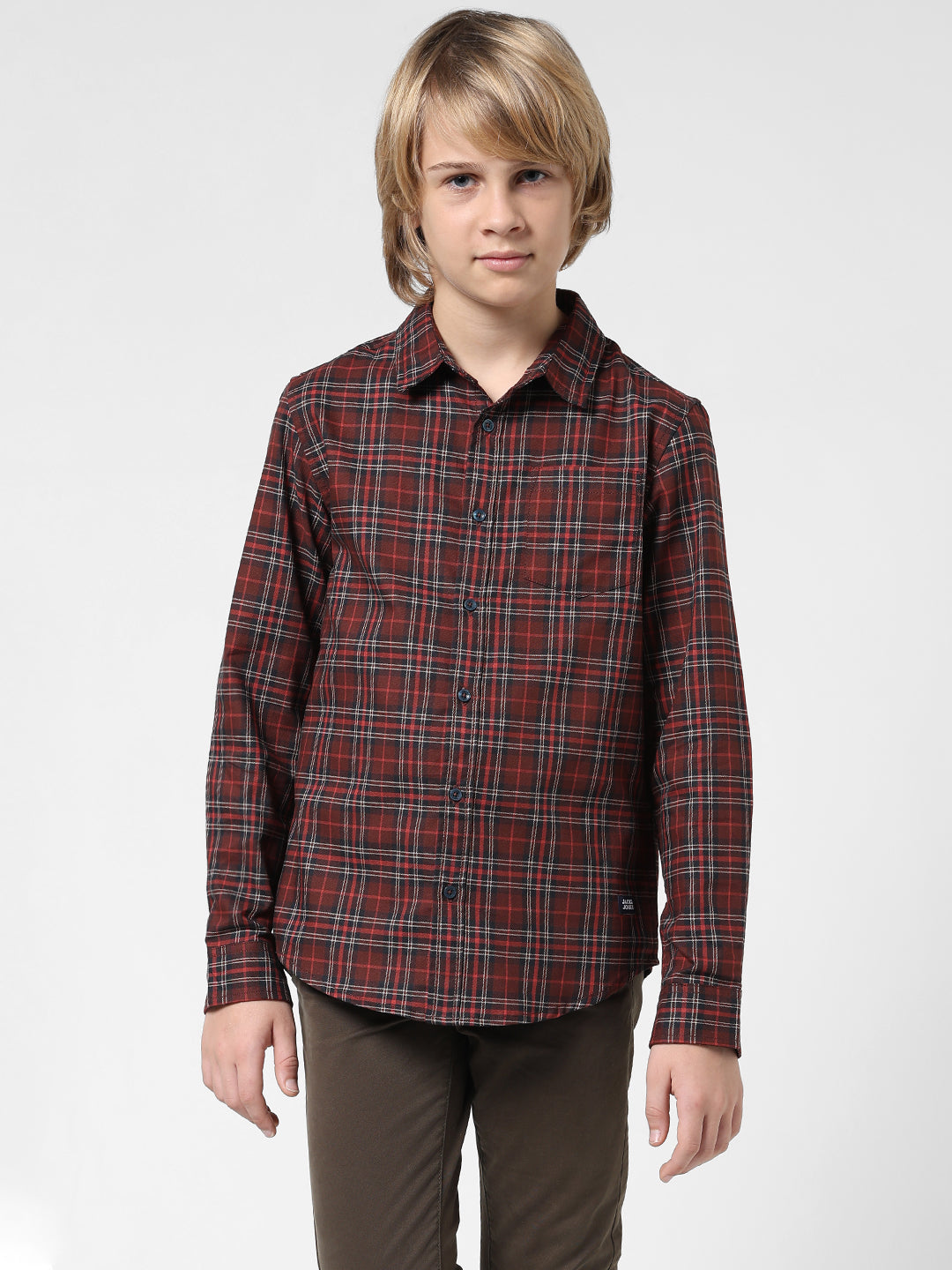 Boys Dark Red Check Cotton Shirt