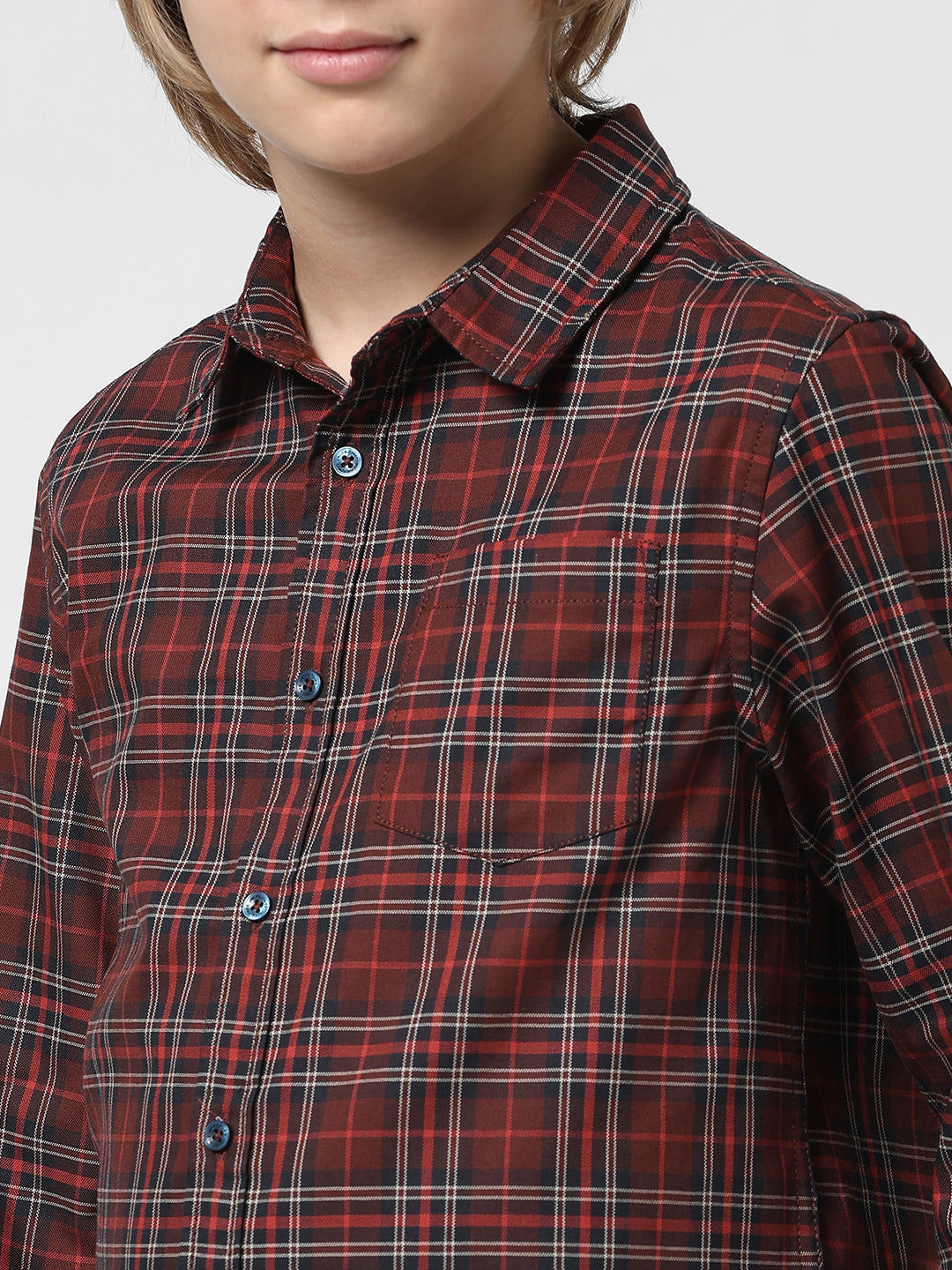 Boys Dark Red Check Cotton Shirt