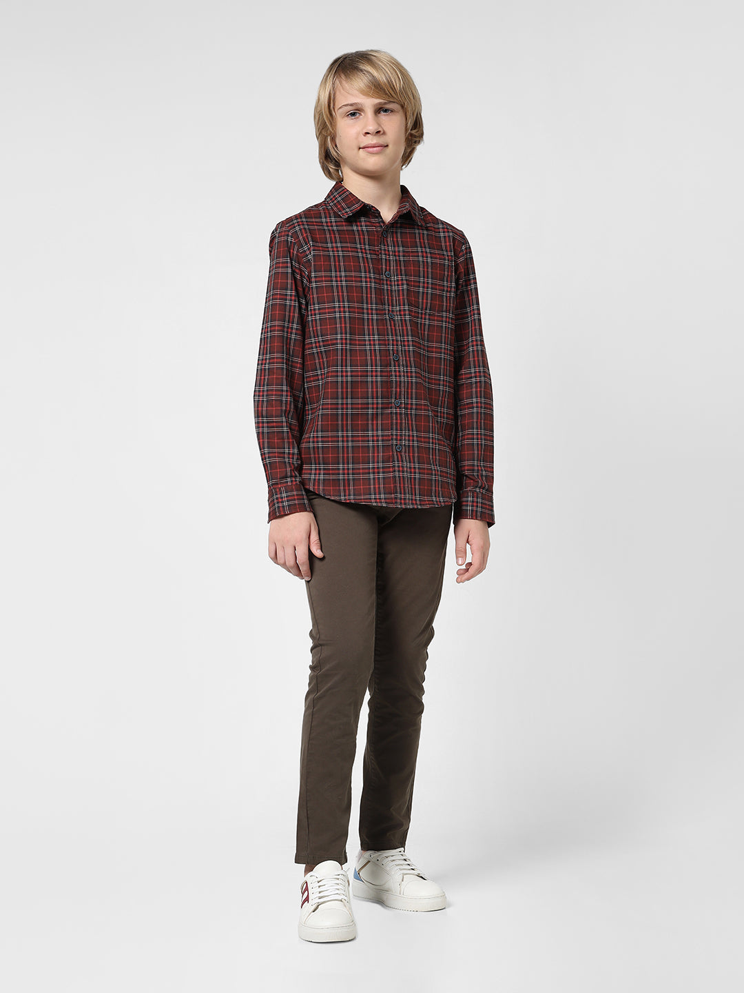 Boys Dark Red Check Cotton Shirt